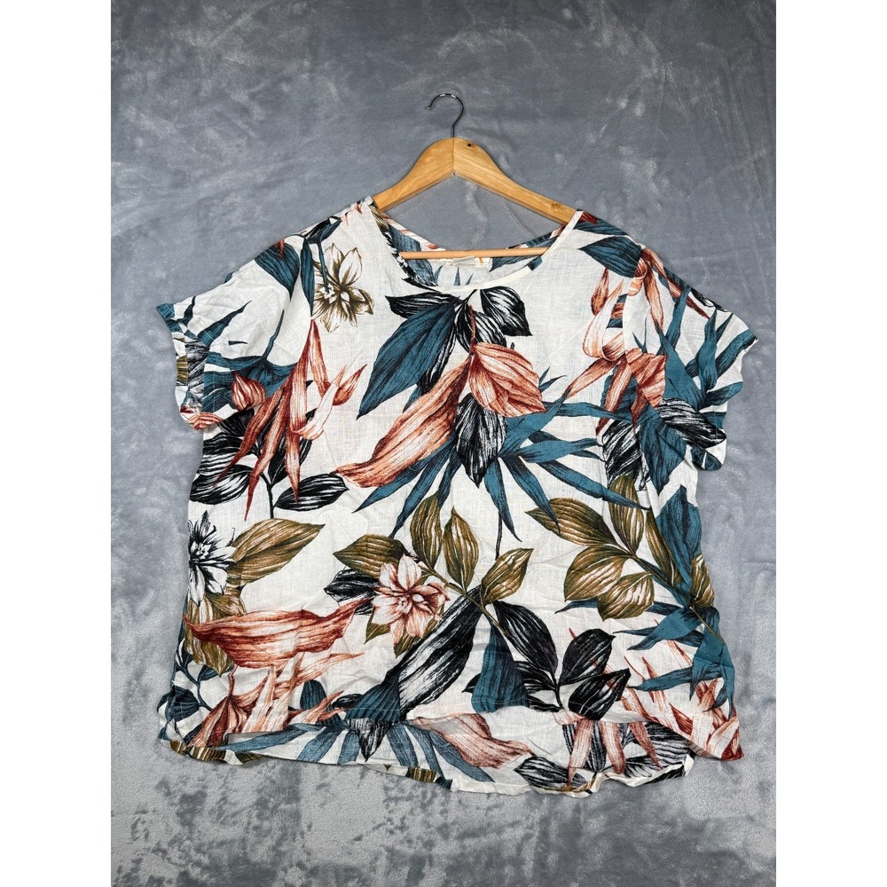 C&C California Top Womens 1X White Floral 100% Linen Short Sleeve Hi Low Hem